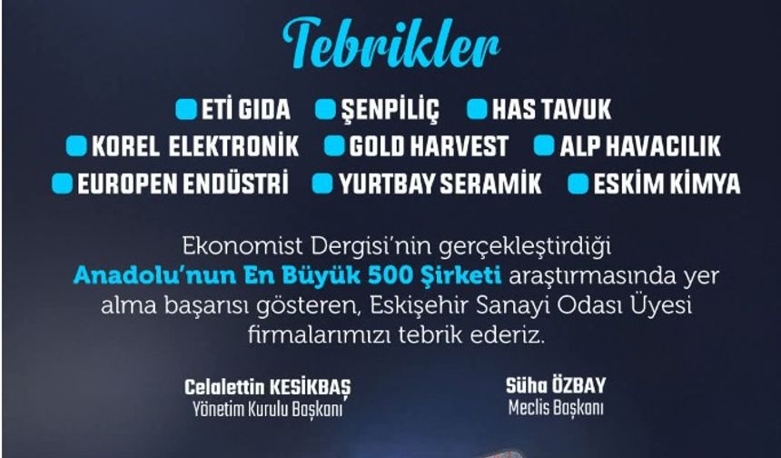 İlk 500'de Eskişehir'den 9 firma