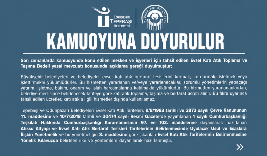Tepebaşı ve Odunpazarı'ndan Evsel Katı Atık Ücreti Açıklaması: "Tahsilatlar Yasal Zorunluluk"