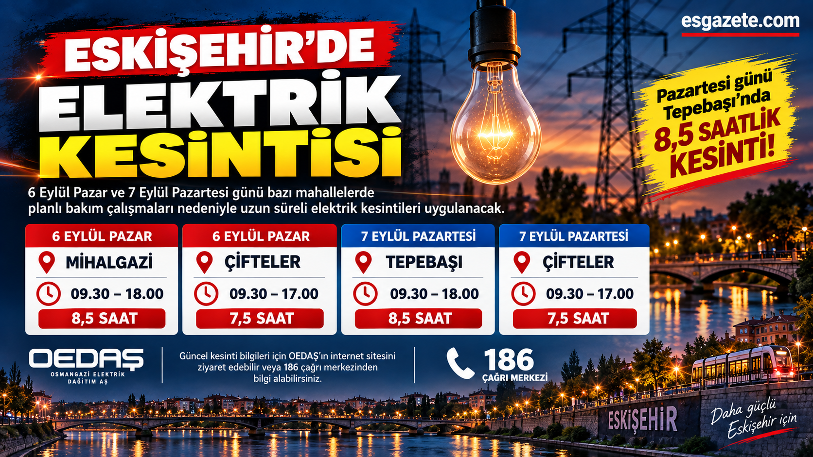 Eskişehir'de iki günlük elektrik kesintisi: Saatlerce elektrik olmayacak
